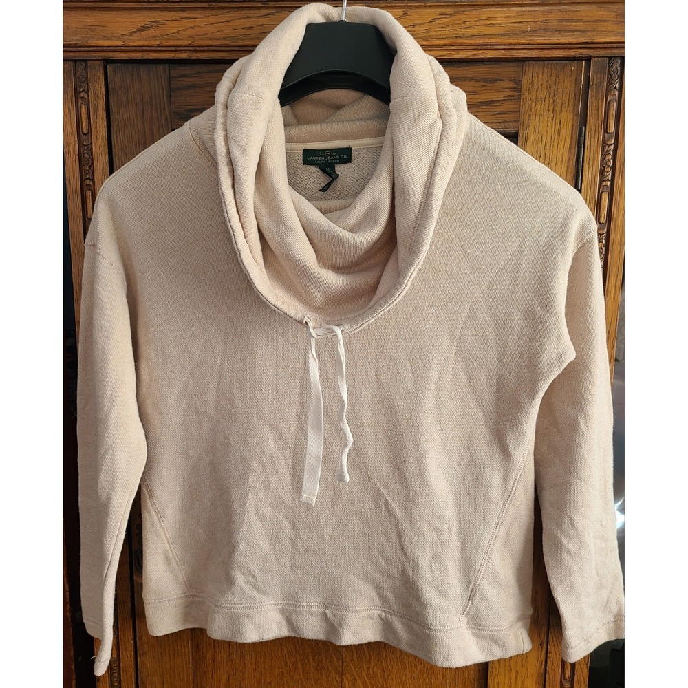 Lauren Ralph Lauren Cowl Neck Sweatshirt Beige Tan Drawstring Pullover Medium - Picture 1 of 7